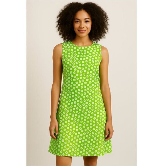 New York & Company Vintage Dress 6 90s Y2K Daisy Floral Sheath Lime Green Mod - Picture 1 of 4